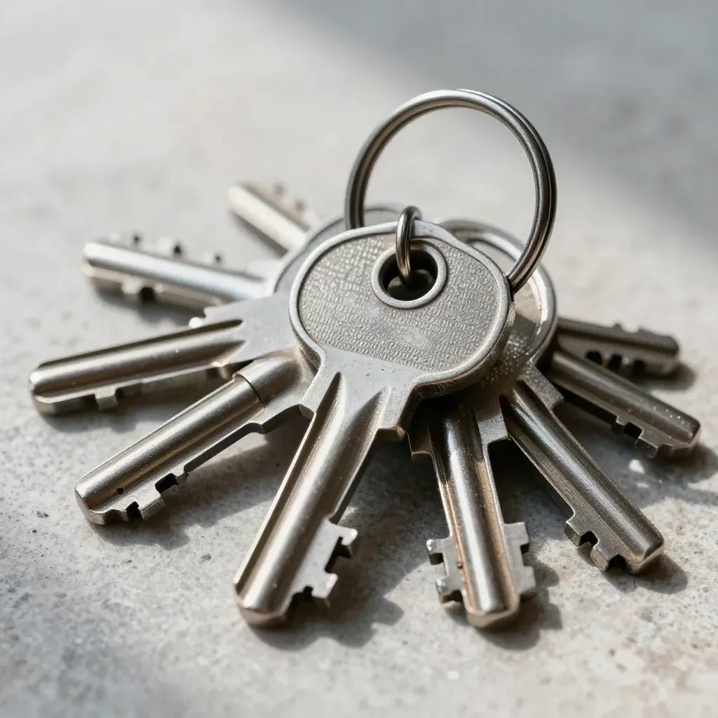 Vault key ring, security token and latch plate on stone, shot straight down in macro detail.