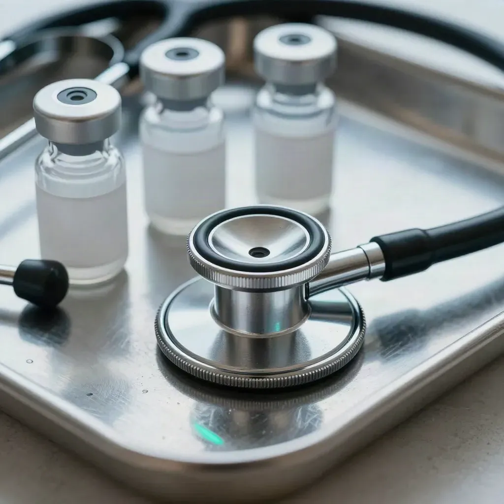 Diagnostic probe, stethoscope chestpiece, and vial caps on steel in cool clinical light.