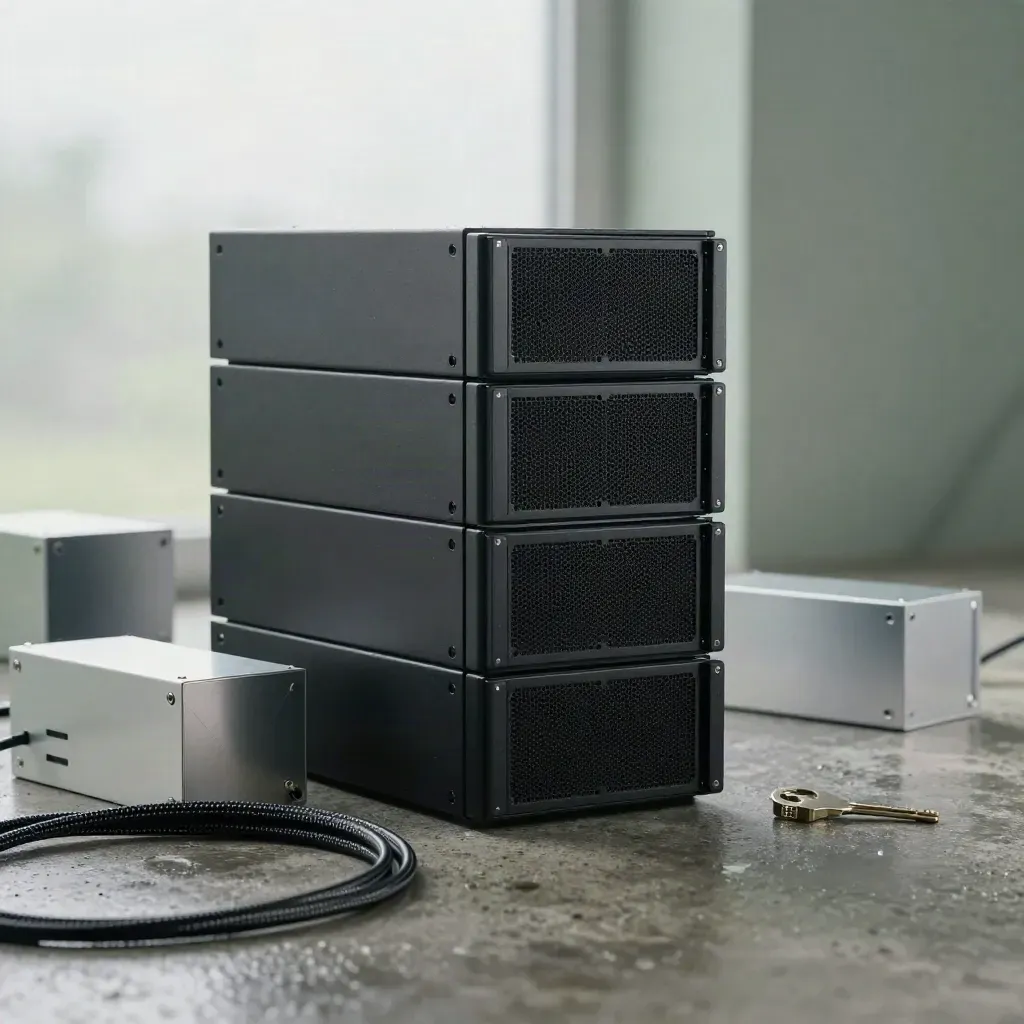 Matte-black servers, braided cables, prototype boxes and a hardware key on a damp studio plinth.