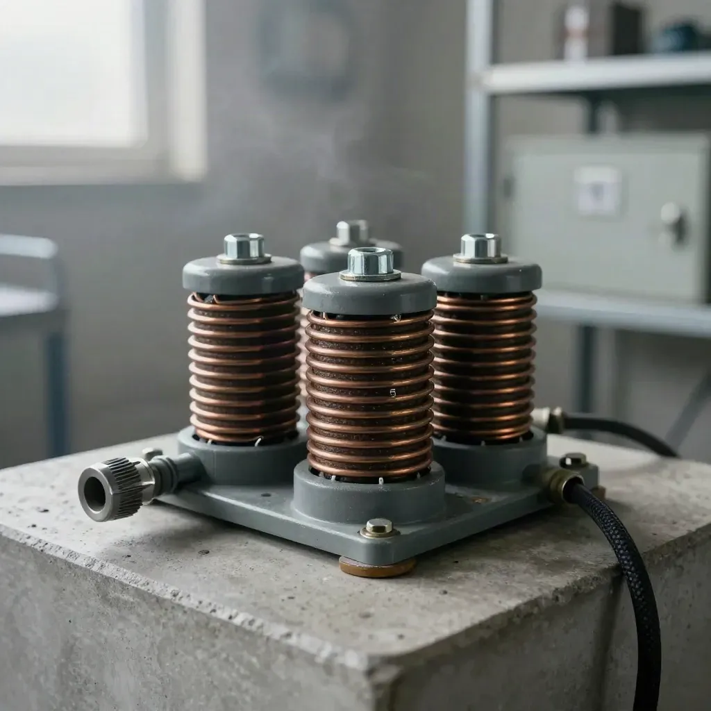 Rail relay coil, steel fastener and insulated connector on a concrete maintenance plinth.