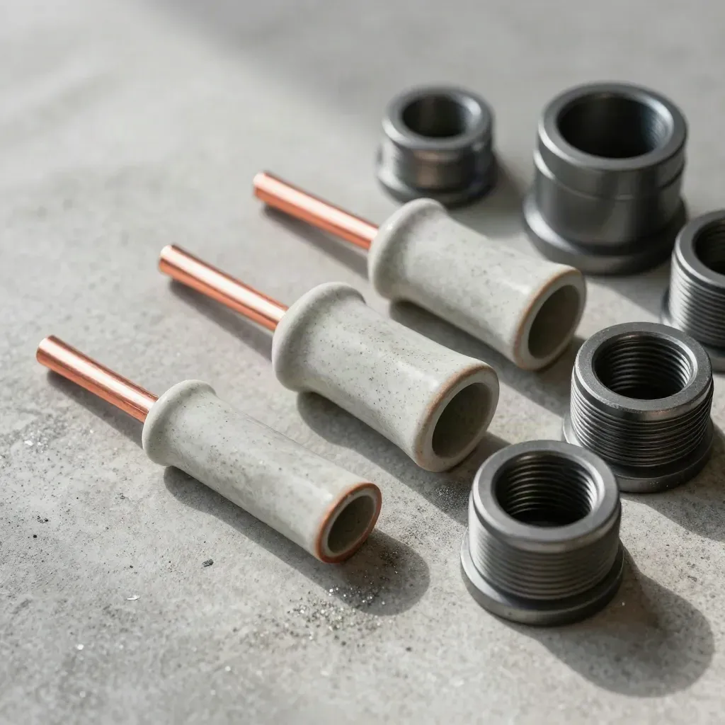 Grid yard components on brushed concrete: ceramic insulators, copper busbar offcuts and cable glands.