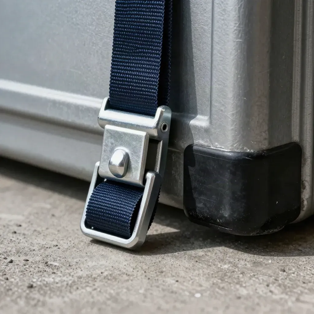 Crate latch, strap buckle and rubber seal on concrete in dramatic warehouse light.