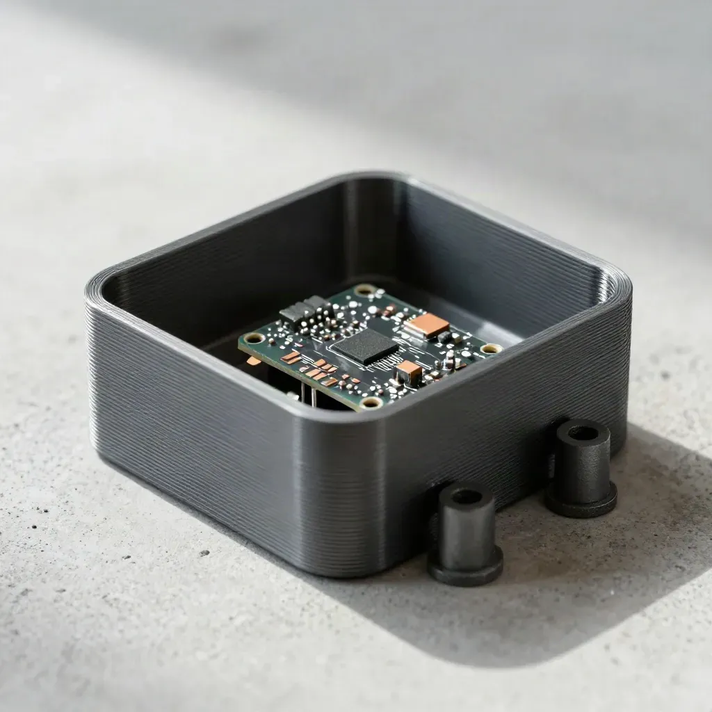 Top-down macro of a 3D-printed enclosure shell, test PCB, and two standoffs on concrete.