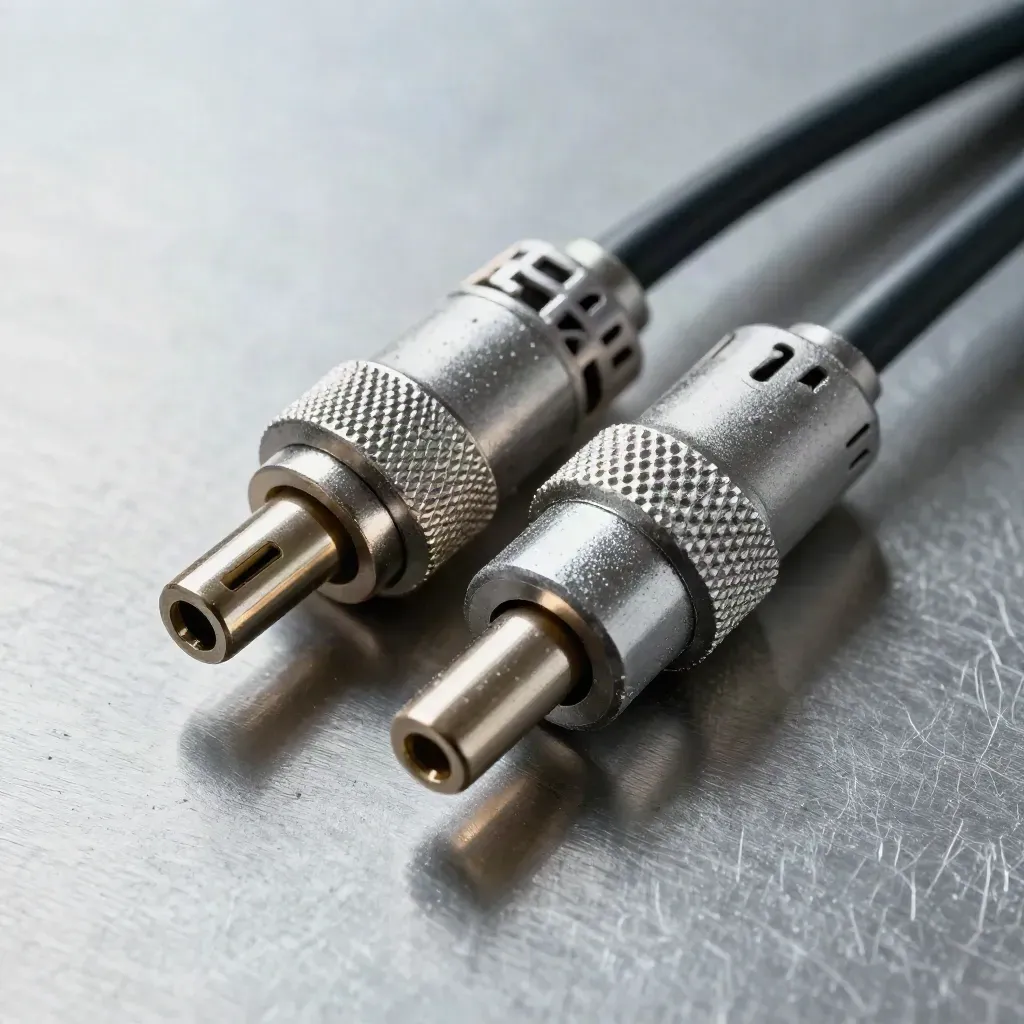 Bridge adapter, patch cable, and coupler aligned on brushed metal in a tight macro.
