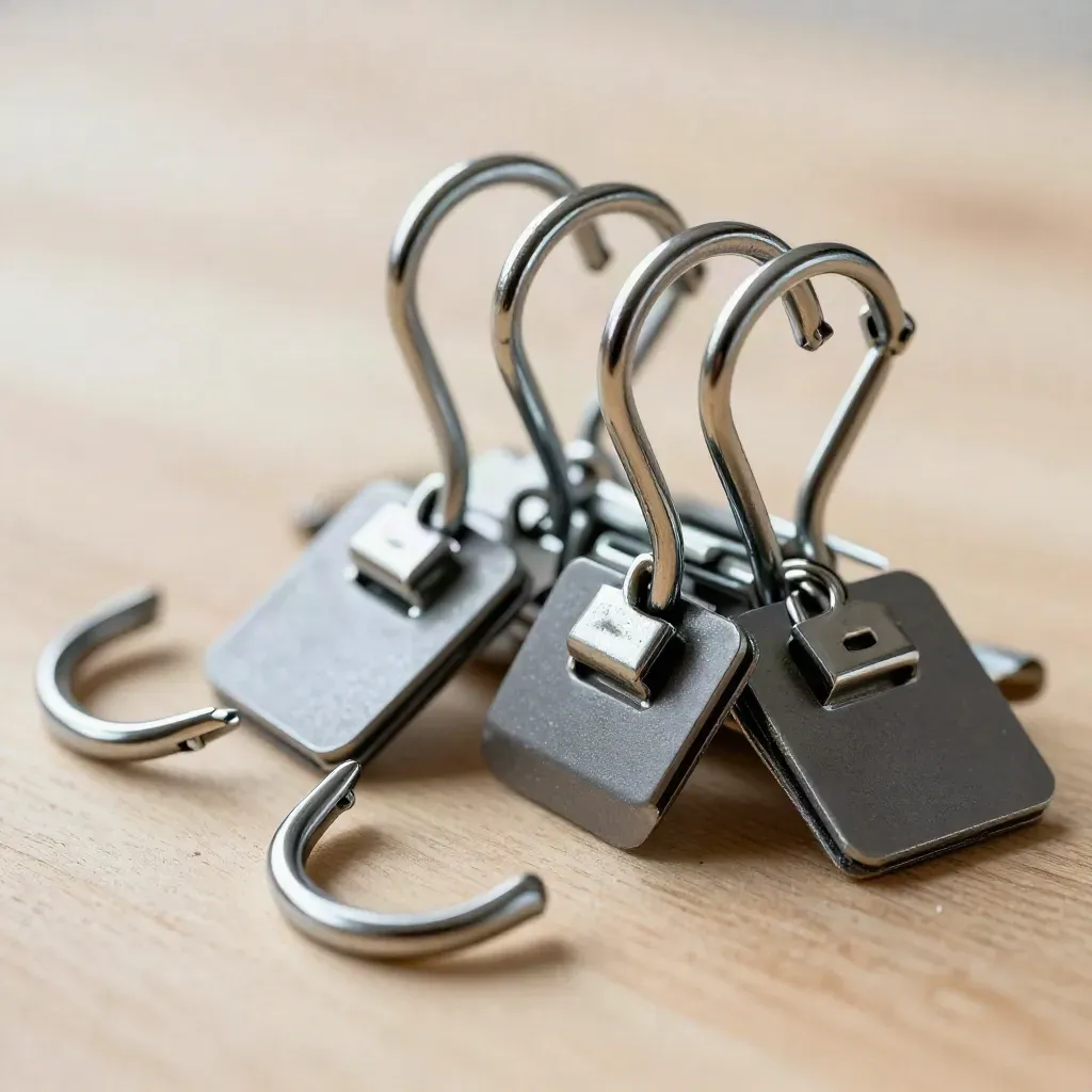 Macro retail security tag pins, chrome hooks and hanger clip on pale wood with warm studio light.