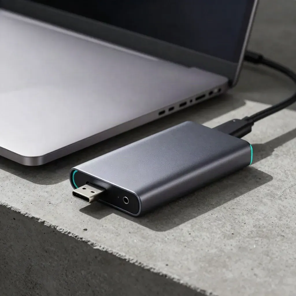 Closed matte laptop with braided hub and portable SSD on concrete under dramatic studio light