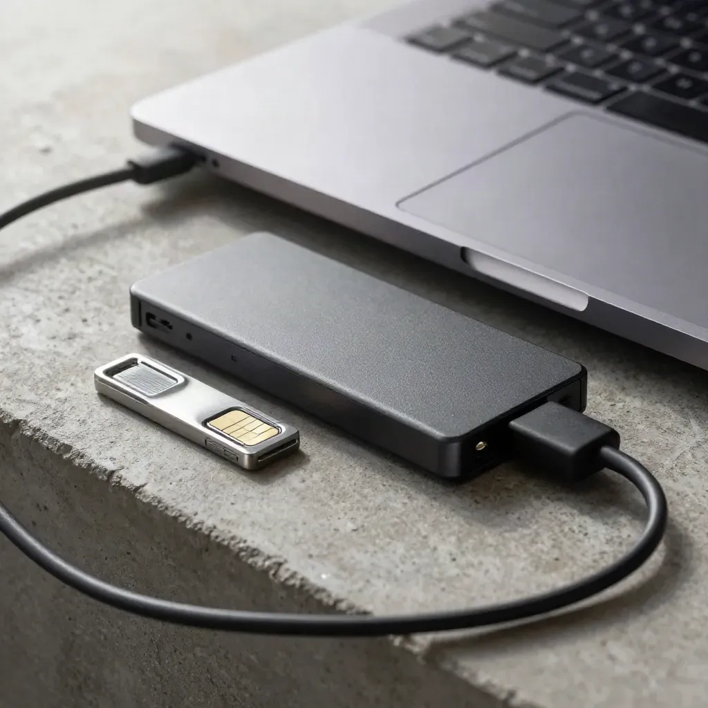 Closed ultralight laptop, SSD, SIM tool and charging puck, seen through a blurred cable loop.