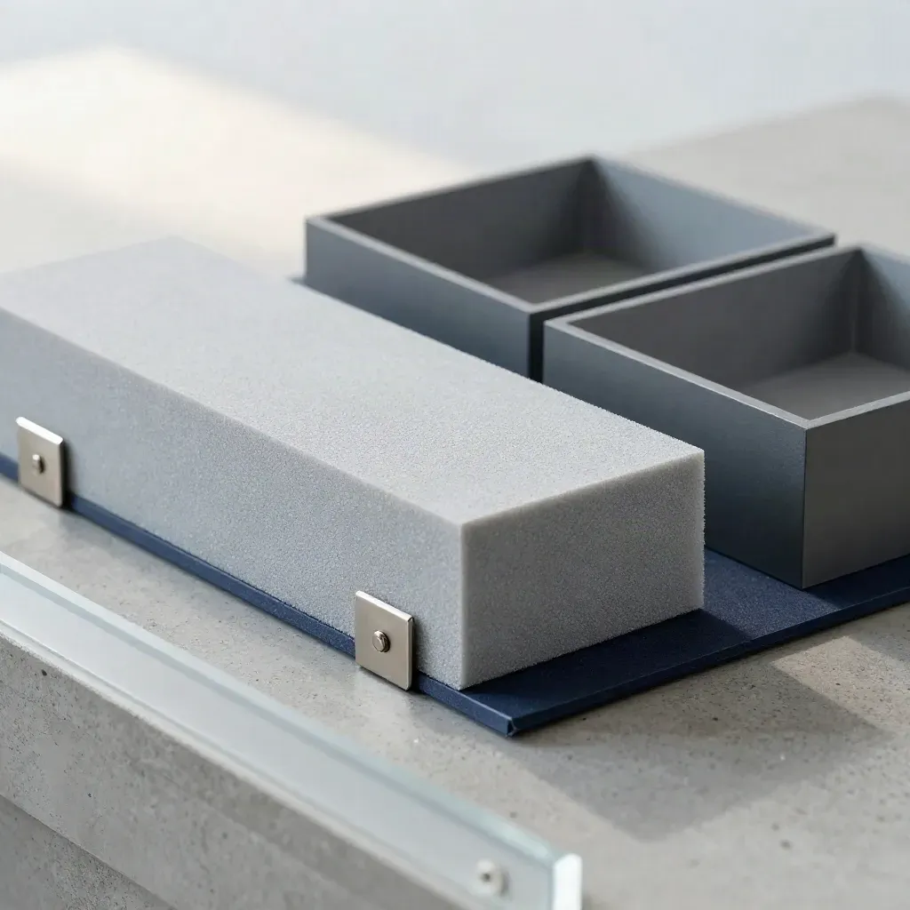 Prototype foam blocks and enclosure halves aligned on a concrete bench under soft daylight.