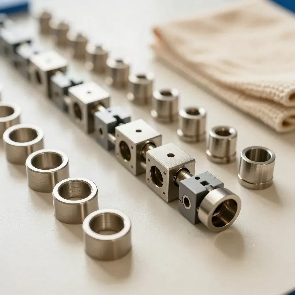 Metal rings and connector blocks arranged on a pale plaster surface.