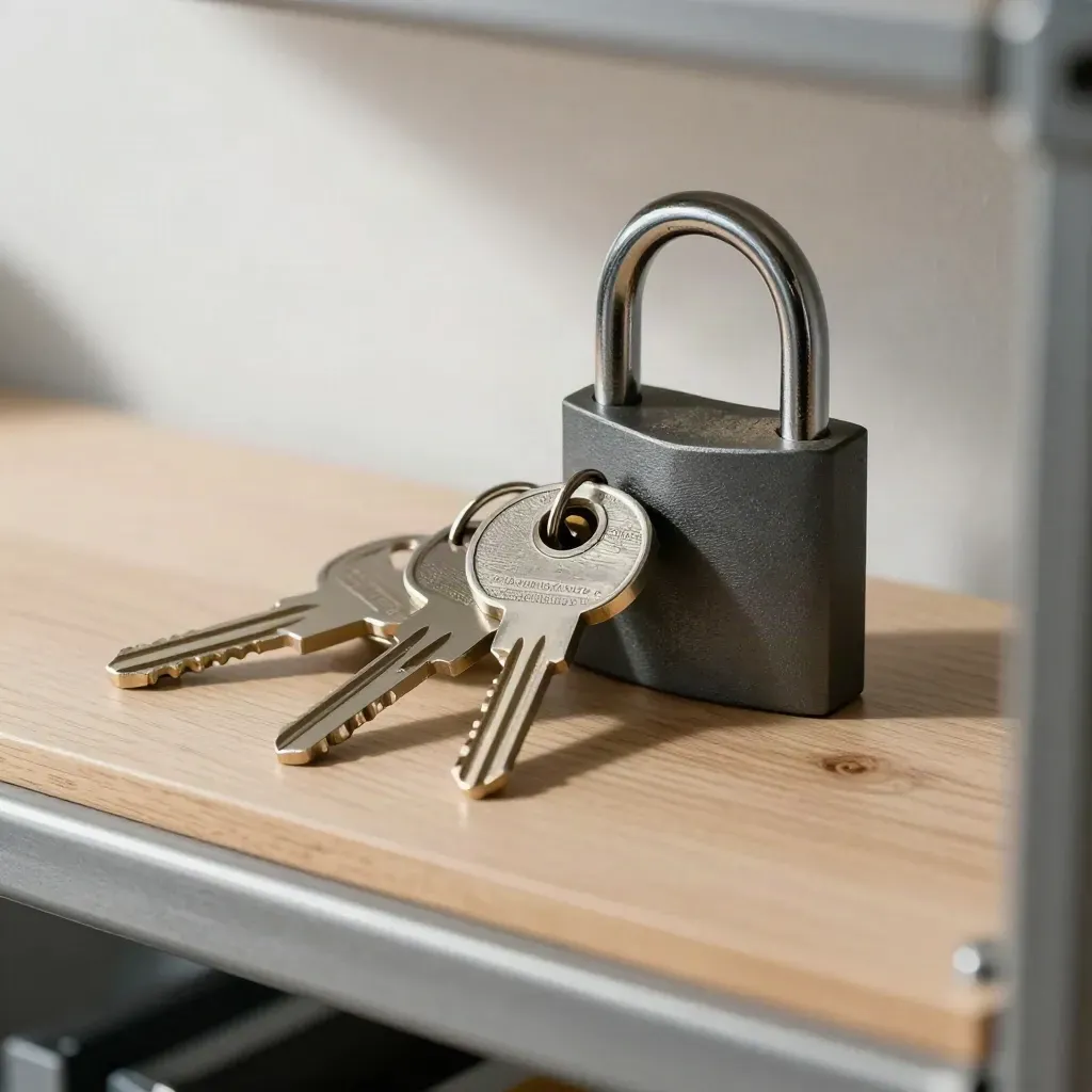 Three hardware security keys, badge clip, and lock cylinder core on pale oak behind a steel barrier.
