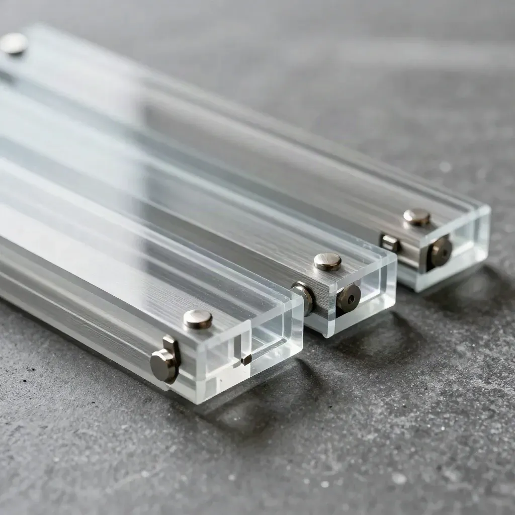 Modular acrylic tiles, aluminium spacers, and magnetic pins in a premium still life