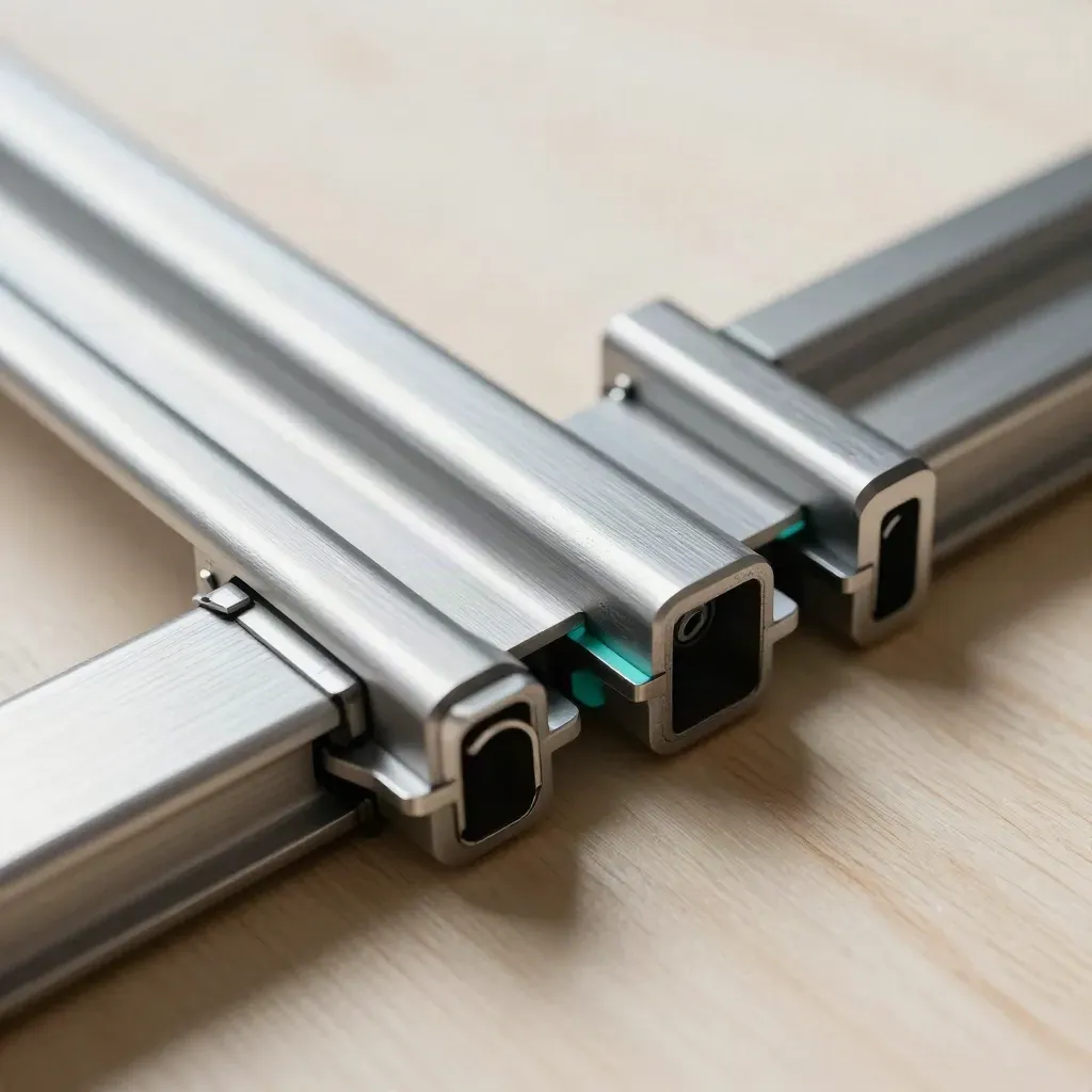 Overhead macro of aluminum rails, snap connectors and a cable clip aligned on pale wood.