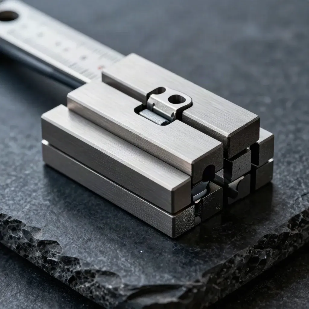 Machined dovetail blocks, cable loop, and spacer shim on dark stone under dramatic studio light.