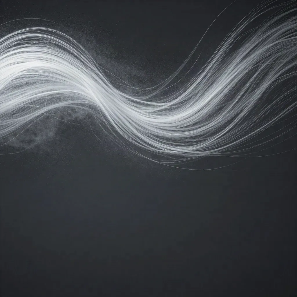 Silver particle streams converge into a soft bloom in graphite haze with calm lower-third space.